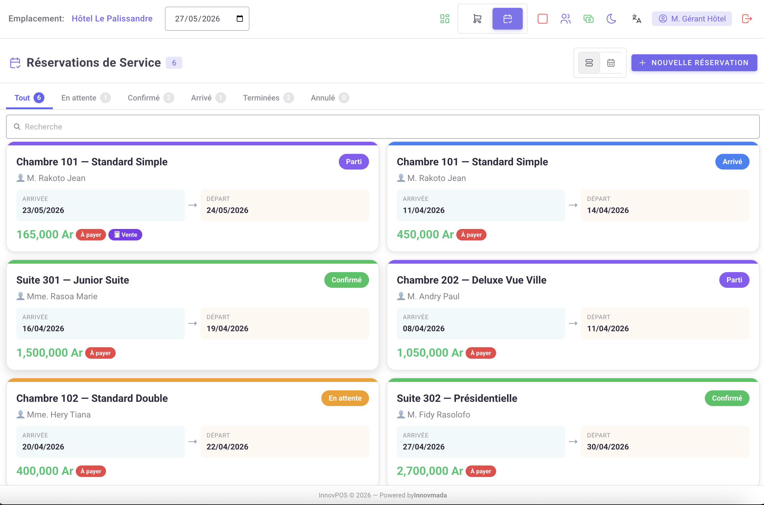Tableau des réservations InnovPOS — 6 chambres, statuts Confirmé/Arrivé/En attente/Parti