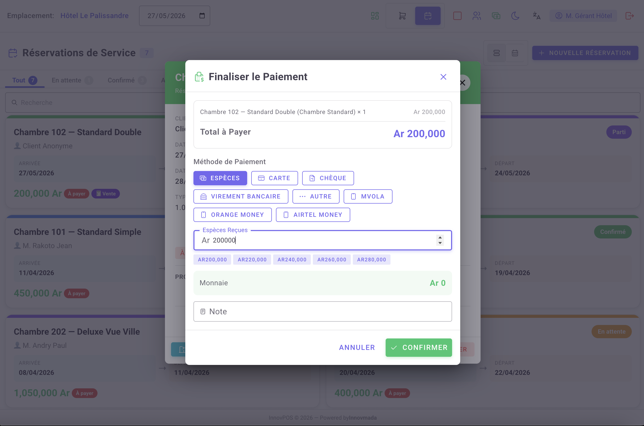 Paiement multi-canal — Espèces, Carte, Chèque, Virement, MVola, Orange Money, Airtel Money